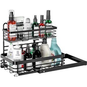 Sink Organizer and Storage, Under Sliding Cabinet Basket Organizer 2 Tire Black